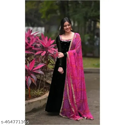 Black silk dupatta with bandhini design, long length, draped over shoulder