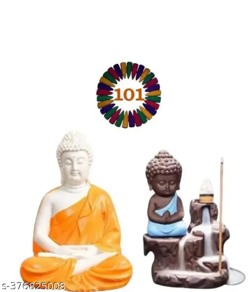 Handcrafted Brown-Blue Backflow Buddha and Orange Lord Buddha statues with 101 free incense cones, made from durable polyresin material. Indian artisan-made spiritual home decor