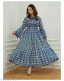 Blue rayon Anarkali kurti with long sleeves and printed combo, popular Indian traditional wear for women