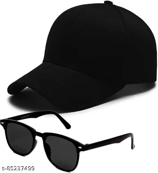 Black cotton cap set featuring sunglasses, perfect for men, women, and boys. Ideal for casual and sporty looks, made from easy-to-care 100% cotton, originating in India