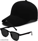 Black cotton cap set featuring sunglasses, perfect for men, women, and boys. Ideal for casual and sporty looks, made from easy-to-care 100% cotton, originating in India