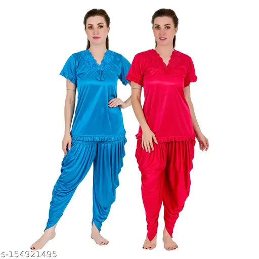 Women's satin night suits combo in solid patterns, perfect for sleepwear and lounging at home