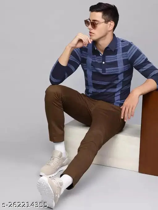 Navy Checkered Cotton Blend T-Shirt - Stylish and Versatile Men's Long Sleeve Printed Poly Cotton T-Shirt for Casual or Formal Wear. Perfect addition to any wardrobe