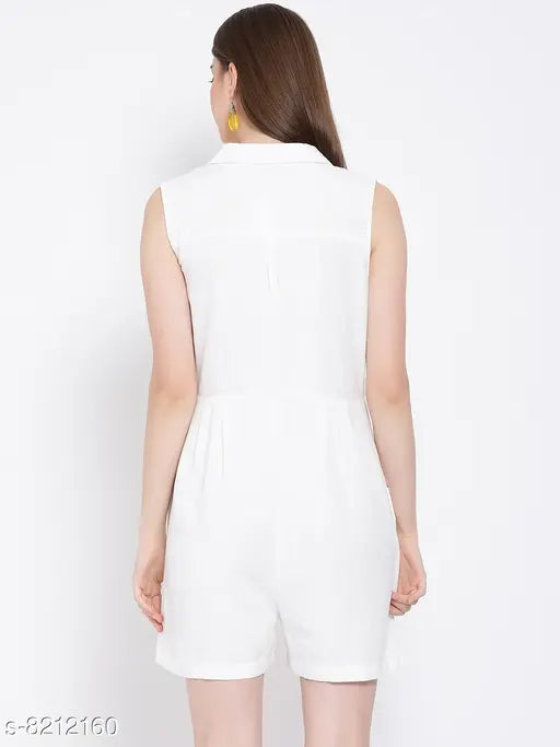 White women's cotton playsuit, solid color regular fit with sleeveless design by Oxolloxo on display rack