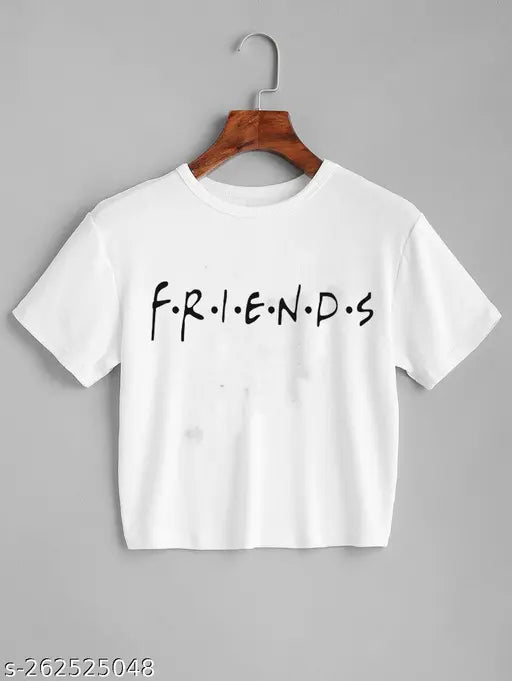White cotton crop top with "FRIENDS" print, half sleeves, pack of 1, casual style.