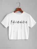 White cotton crop top with "FRIENDS" print, half sleeves, pack of 1, casual style.