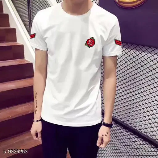Trendy white cotton rose patch t-shirt, short sleeves with printed net pattern, available in various sizes from S to XXL. Made in India