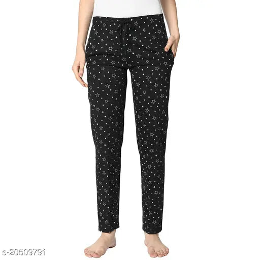 Black printed straight-fit women's trousers, zip closure
