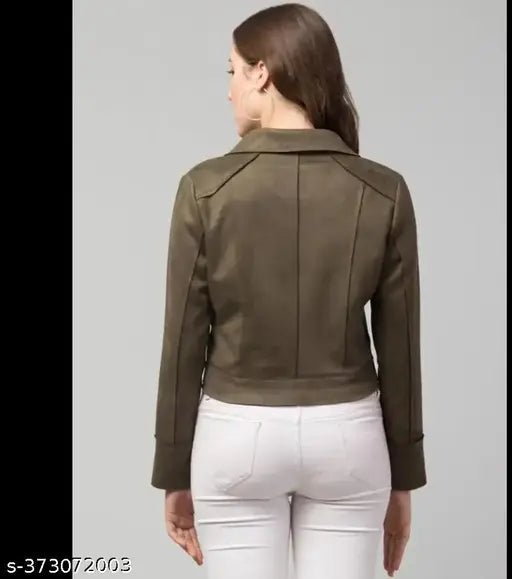 Solid leather women's winter jacket, polyester suede full sleeve, classic streetwear style