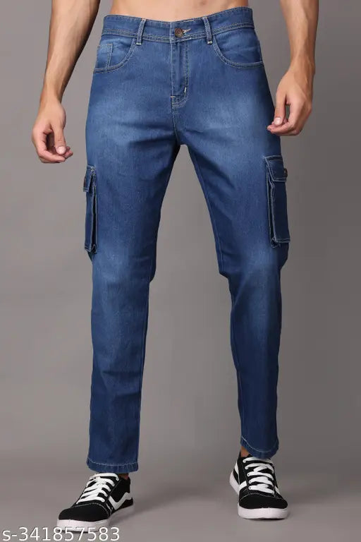 Light Blue Denim Zaysh Men's Dyed/Washed Cargo Jeans - 28" waist, 40" length