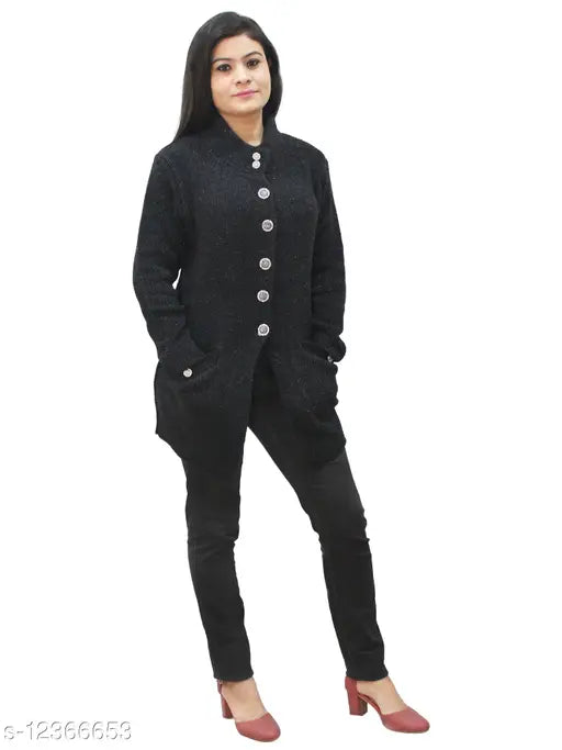 Matelco women's high black wool solid sweater with long sleeves - M/L (40in bust, 25in length); XL (42in bust, 25in length), India-made fashion knitwear