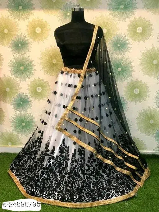 Satin and net embroidered Attractive Women's Lehenga set with choli and dupatta, semi-stitched (44m x 44m), Indian origin