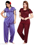 Trendy satin women's nightsuit combo (Free Size), solid pattern pyjama set with short sleeves on display rack
