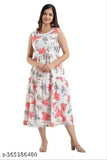 Pink floral printed rayon kurta, sleeveless and flared, midi length, International Women's style