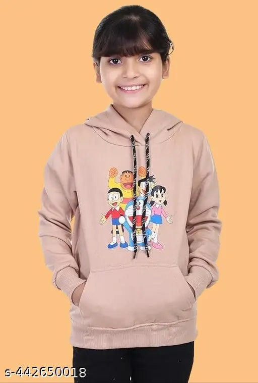 Cotton girls hoodie with Doraemon print, long sleeves, perfect for winter wear