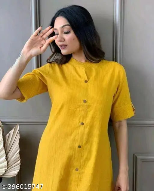 Yellow rayon kurta set with palazzos, short sleeves, solid pattern from Indian brand Katha Woman