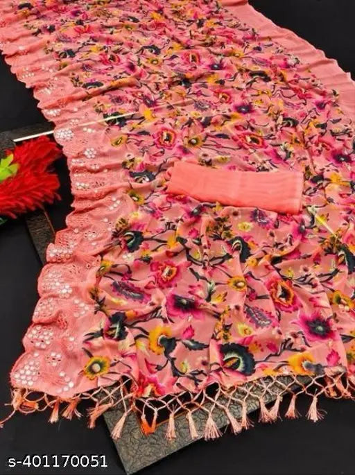 Kashmiri handloom sari in pink with floral pattern