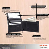 High-quality black, full-grain leather men's wallet with RFID protection, featuring 2 cash compartments, 8 card slots, and gift box