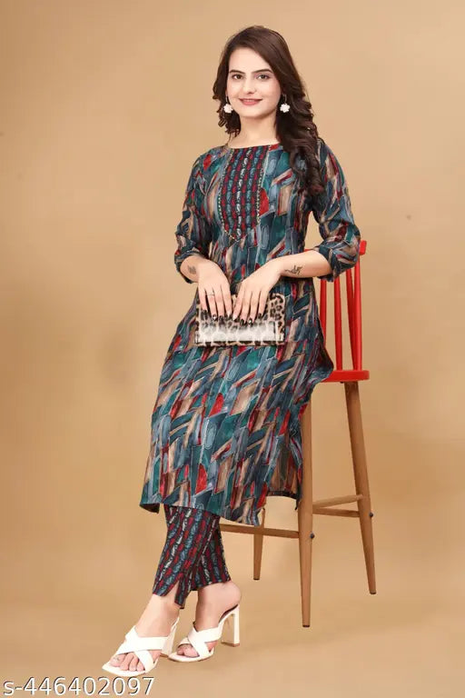 Women's cotton blend Anarkali kurti, three-quarter sleeves, printed combo. Single size options available on trending finds - Indian kurta set for women