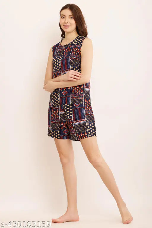 Stylish crepe nightsuits with printed net pattern, Indian-made women's short sleeve nightwear set (S-XXXL sizes available)