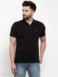 Black cotton blend polo neck t-shirt for men, embossed design on short sleeves