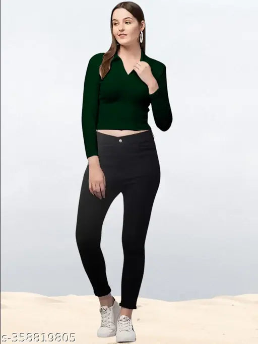 Dark Green Polyester Blend Collared V-Neck Top, long sleeves, 20 inches