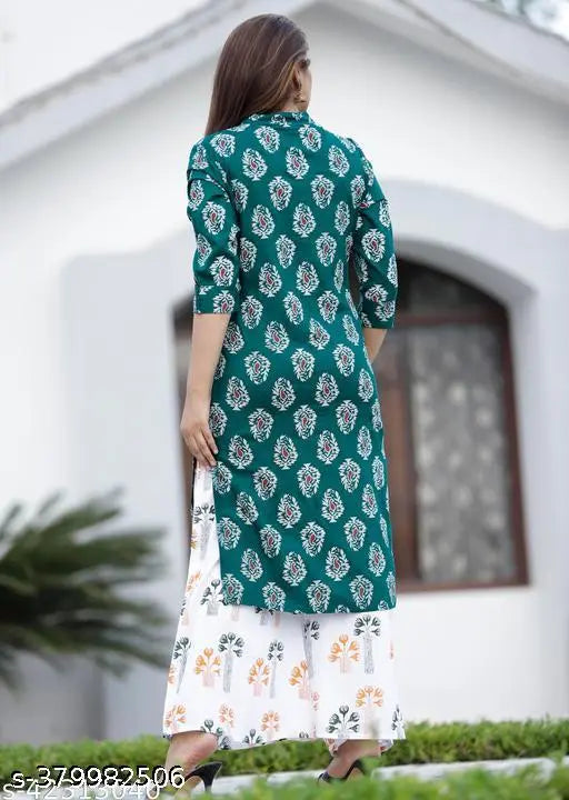 Rayon printed kurti and plazzo set, three-quarter sleeves, vibrant Indian traditional fashion on model