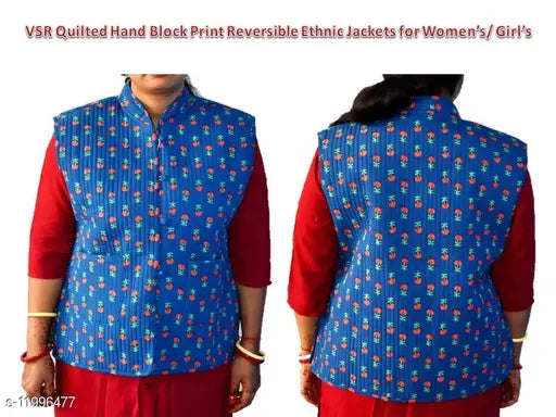 Blue cotton hand-block printed reversible ethnic sleeveless jacket, traditional floral pattern from India