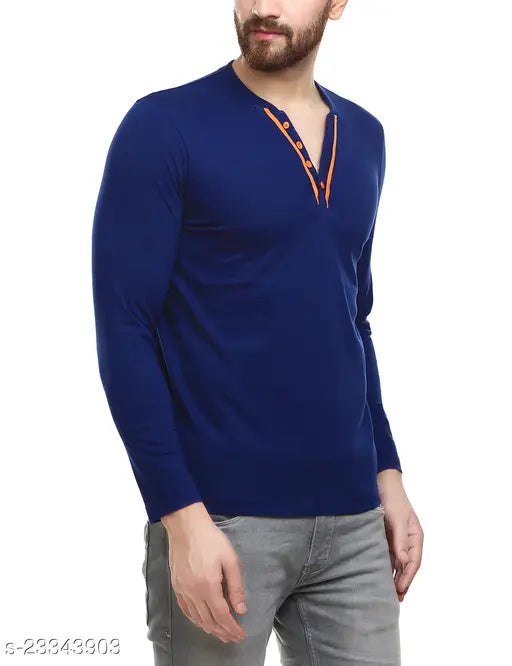 Navy blue solid v-neck cotton t-shirts for men, long sleeves, high quality Indian craftsmanship