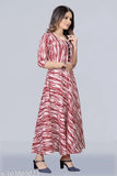 Red and white slub leheriya print triangle neck long kurta