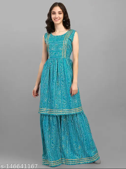 Women's bandhani cotton kurta sets, vibrant and sleeveless, Indian ethnic wear set for L & XL sizes