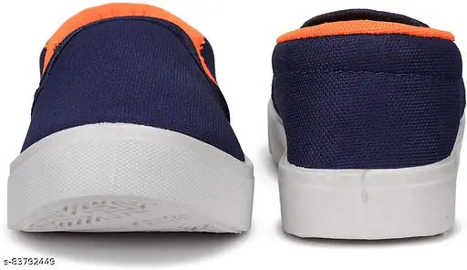 Blue, orange, navy sports shoes with white soles