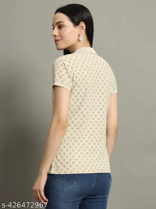 Women Printed Half Sleeves Polo Neck T-shirt