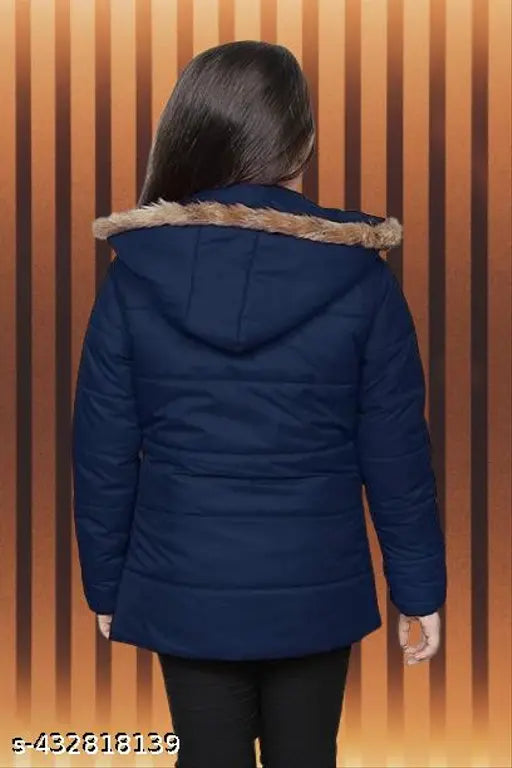 Navy blue puffer coat with faux fur trim, zip closure