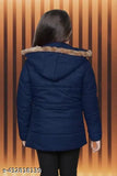 Navy blue puffer coat with faux fur trim, zip closure