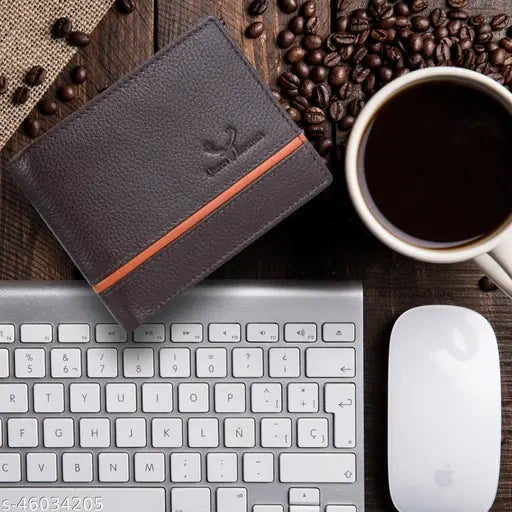 Brown genuine leather urban wallet for men with RFID blocking, 5 compartments, slim design, stitching details, solid pattern