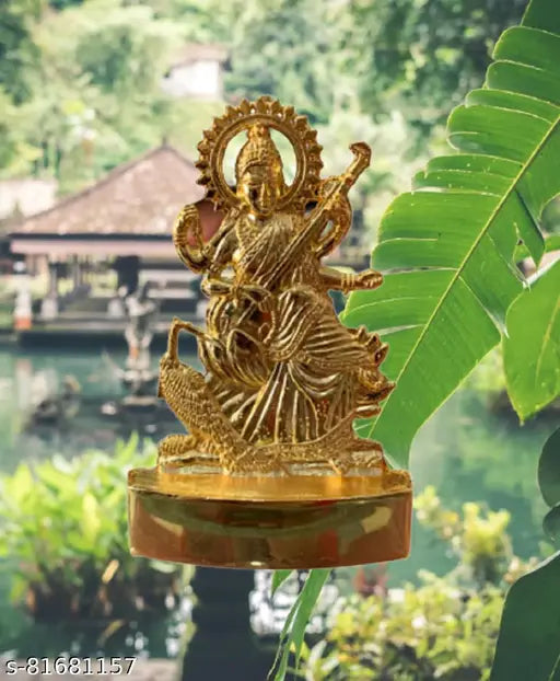 Brass Gold MAA Saraswati statue, 11 cm tall Hindu god idol for decorative showpiece, India-origin vintage design