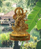 Brass Gold MAA Saraswati statue, 11 cm tall Hindu god idol for decorative showpiece, India-origin vintage design