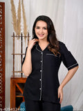 black solid rayon print nightsuit for women on hanger, India origin