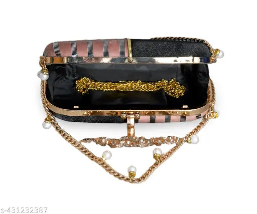 Black clutch with gold chain, beaded details, and multiple pockets