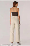 Cream cotton cargo four-pocket pants for women, high waist straight fit denim jeans with flared full length, non-stretchable material, available in sizes S-XXL