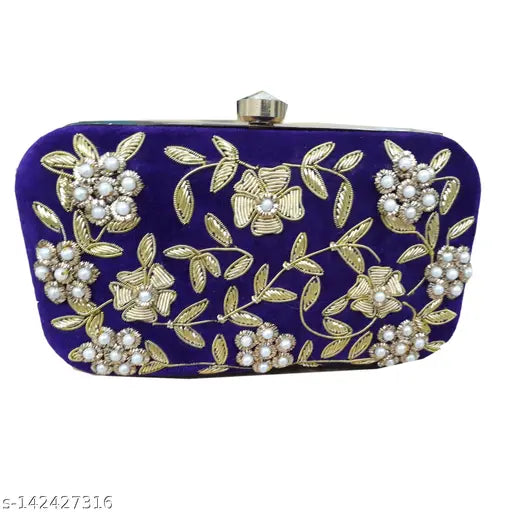 Handcrafted beaded purple clutch purse with gold leaves, perfect for parties and events