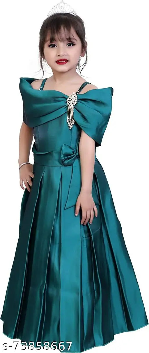 Teal satin frock for girls (3-4 yrs), Indian-made fashion dress in solid pattern