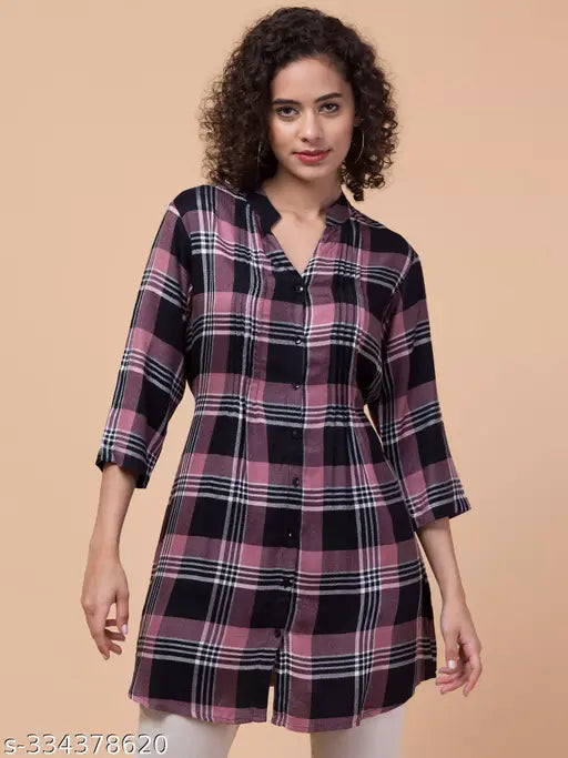 Black checked cotton tunic by Hive91, 34" length, three-quarter sleeves, mandarin collar, button front closer. Indian women's fashion accessory