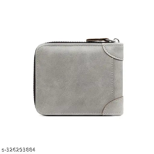 Grey leather bifold men's wallet with 2 pockets and 5 card slots for boys, gents, or male users. Stylish accessory for carrying essentials