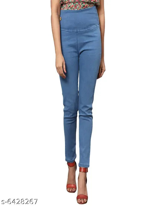 Denim skinny fit high waist elastic jeggings in Dxblue for women - Solid, ankle length with broad belt, made in India (Size 28/30/32)