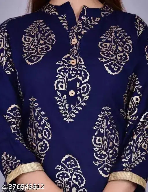 Blue Rayon Kurta Set with Palazzos - ASC stylish, three-quarter sleeves, dyed/washed net design in beautiful blue gold print. Single size M (Bust 38in, Shoulder 14in), L (Bust 40in, Shoulder 14.5in), XL (Bust 42in, Shoulder 15in). Indian origin