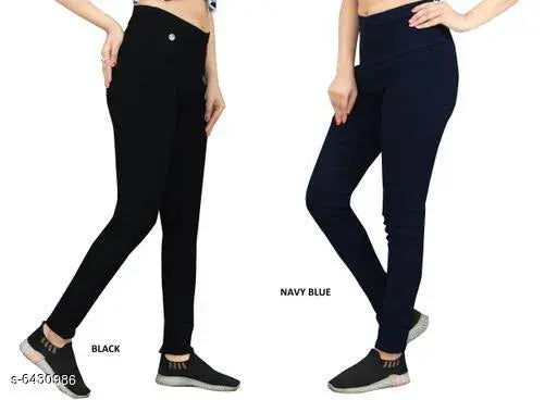 Denim skinny fit stretchable high waist jeggings in black and navy blue for women, pack of 2