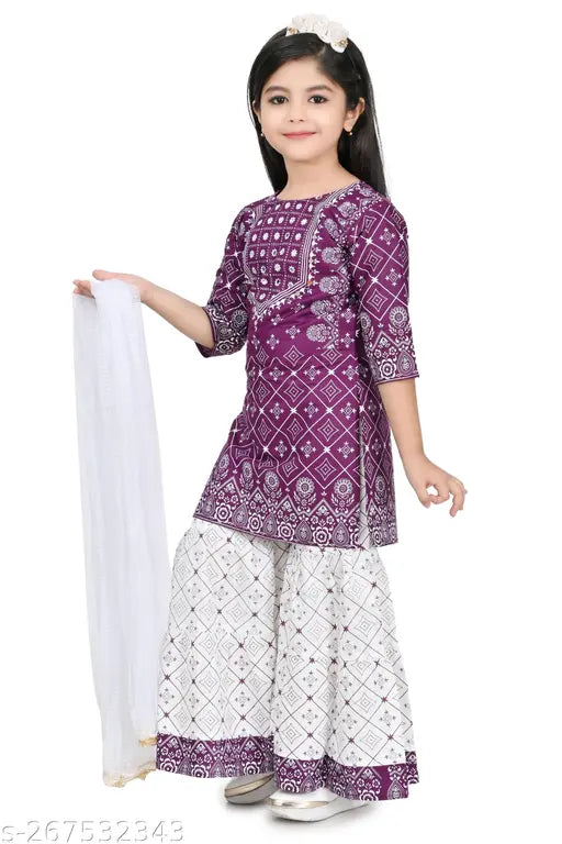 Purple rayon anarkali kurti set with sharara bottom and colorblocked design, ideal for girls' parties in India