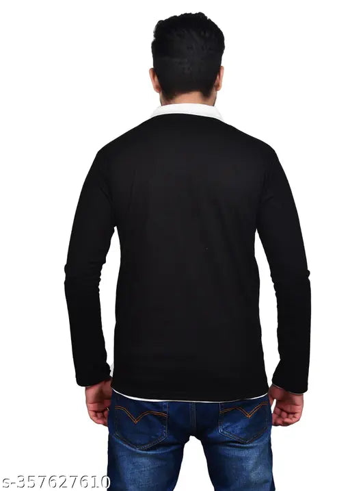 Black cotton men's t-shirt with attached collar, full sleeves and solid pattern. Stylish Ansh Collection, suitable for everyday wear. Made in India
